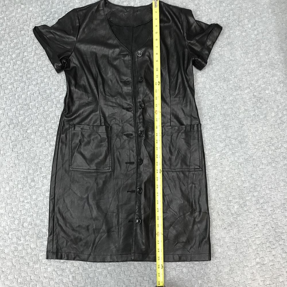 Faux Leather Dress Womens Medium Short Sleeve Button Front Pockets Edgy Modern - Picture 6 of 16